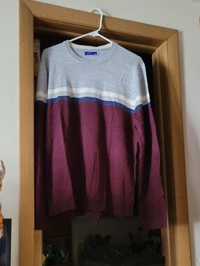 Apt. 9 Maroon and Light Gray Striped Crewneck Sweater
